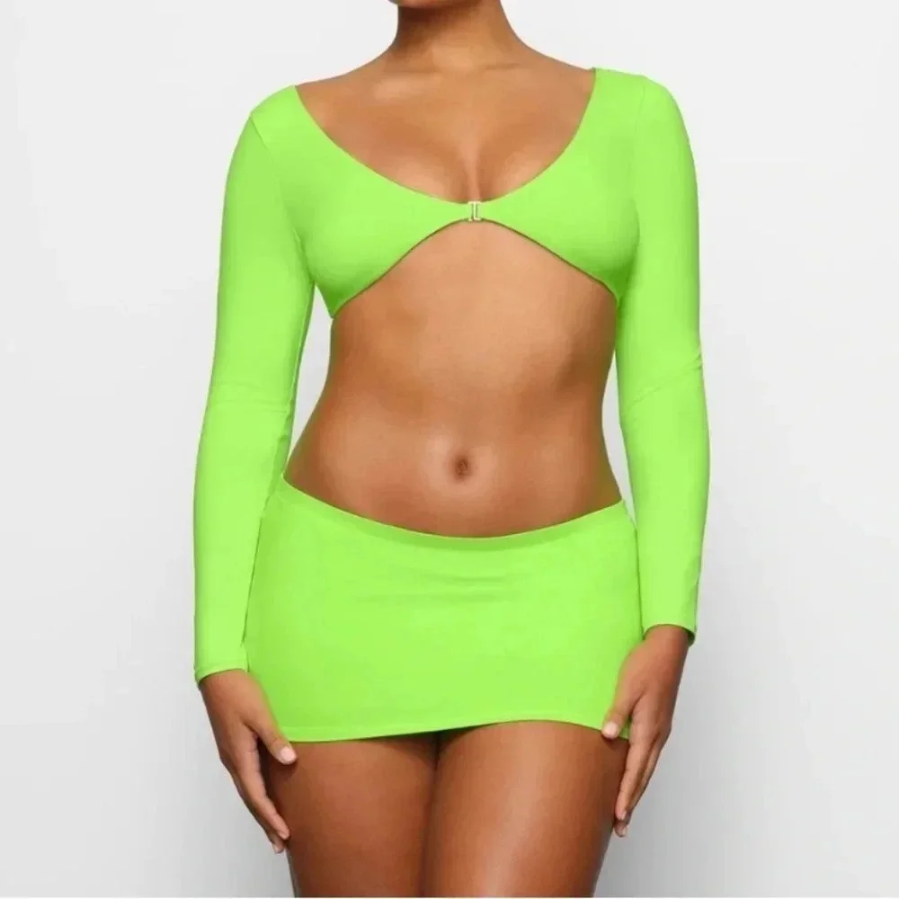 SKIMS 3 piece swim set Skirt Racerback top long sleeve top Neon Green Size 4X